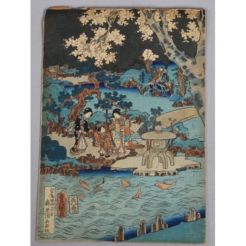 573 - 19th century Japanese School, group of women in a landscape, woodblock print, 36cm x 25cm, unframed