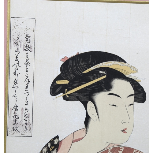 580 - Kitagawa Utamaro (1753 - 1806), woman with a circular fan, woodblock print with silvering, 37cm x 24... 