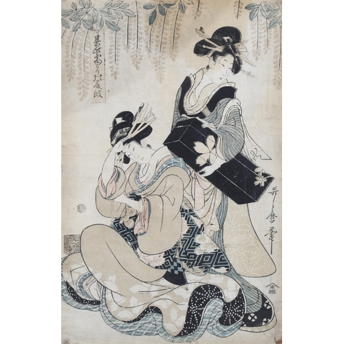 581 - Kitagawa Utamaro (1753 - 1806), a Courtesan and her attendant stopping for a rest, early 19th centur... 