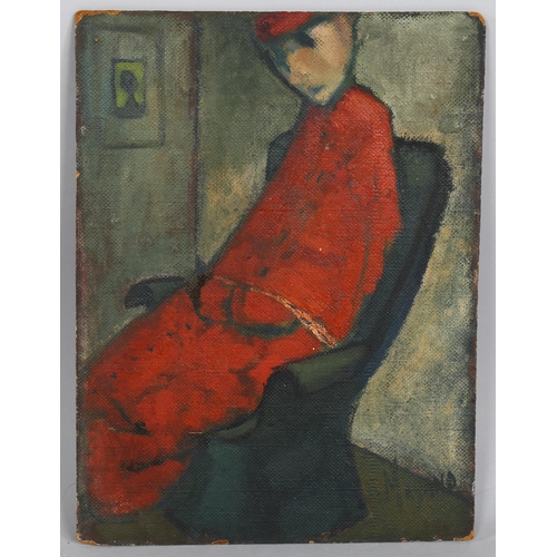 583 - Moyano, figure tied to a chair, oil on board, mid-20th century, signed, 40cm x 30cm, unframed