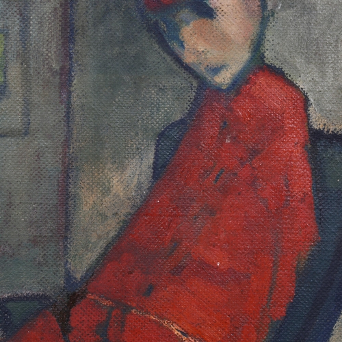 583 - Moyano, figure tied to a chair, oil on board, mid-20th century, signed, 40cm x 30cm, unframed