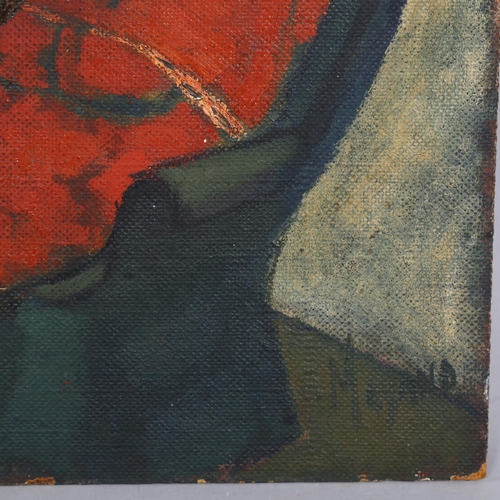 583 - Moyano, figure tied to a chair, oil on board, mid-20th century, signed, 40cm x 30cm, unframed