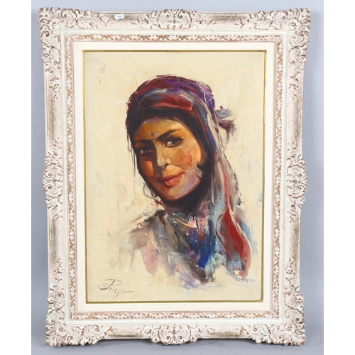 589 - Contemporary portrait of a woman wearing a head scarf, oil on canvas, indistinctly signed, 70cm x 50... 