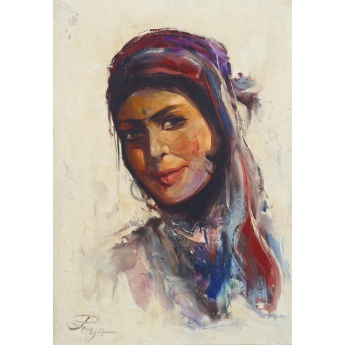 589 - Contemporary portrait of a woman wearing a head scarf, oil on canvas, indistinctly signed, 70cm x 50... 