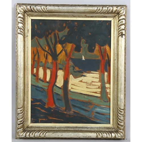 594 - Contemporary coastal view through trees, oil on board, unsigned, 44cm x 33cm, framed