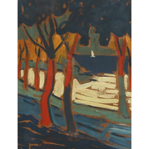 594 - Contemporary coastal view through trees, oil on board, unsigned, 44cm x 33cm, framed