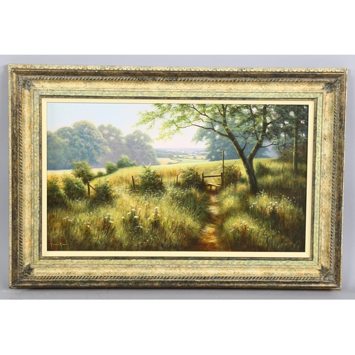 595 - Terence Grundy (born 1956), the stile, oil on canvas, signed, 35cm x 60cm, framed