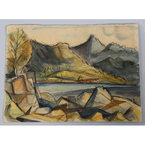 598 - Cubist style landscape, watercolour on paper, signed with monogram RW58, 29cm x 39cm, unframed