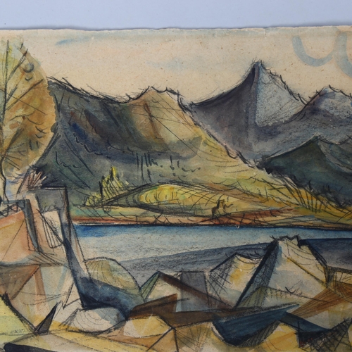 598 - Cubist style landscape, watercolour on paper, signed with monogram RW58, 29cm x 39cm, unframed