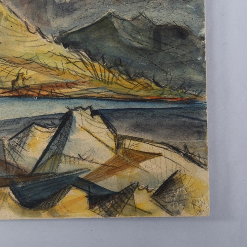 598 - Cubist style landscape, watercolour on paper, signed with monogram RW58, 29cm x 39cm, unframed