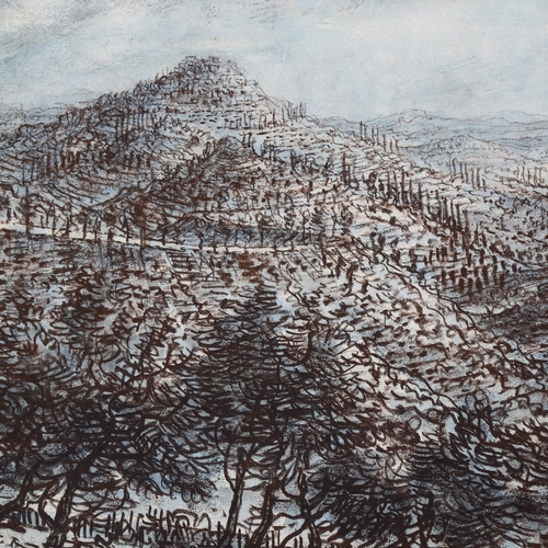 600 - Gerald Ososki, Tuscany landscape, crayon/pastel on card, exhibited at the RBA 1960, signed, 47cm x 6... 