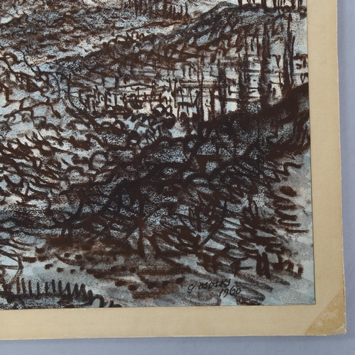 600 - Gerald Ososki, Tuscany landscape, crayon/pastel on card, exhibited at the RBA 1960, signed, 47cm x 6... 