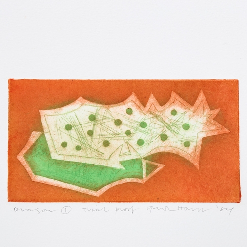 601 - Gordon House, coloured etching, dragon, trial proof 1981, signed in pencil, plate size 9cm x 16cm, u... 