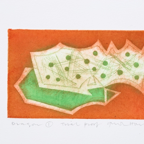 601 - Gordon House, coloured etching, dragon, trial proof 1981, signed in pencil, plate size 9cm x 16cm, u... 