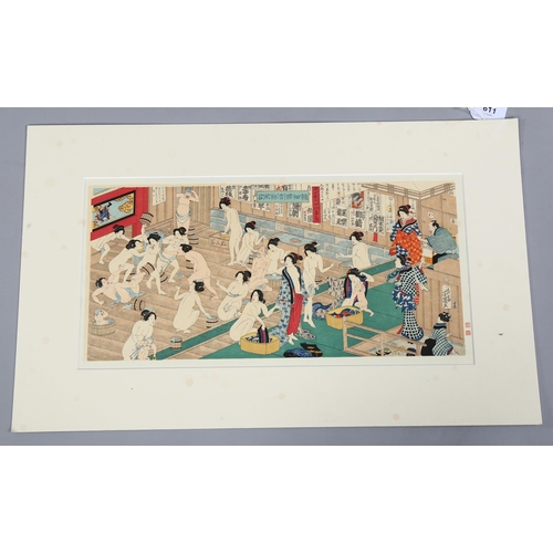 611 - Japanese School, colour print, bathing house scene, image 21cm x 44cm, mounted