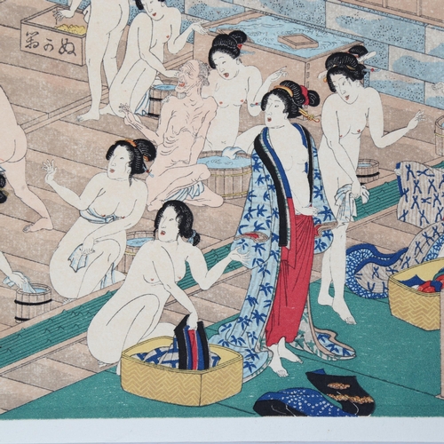 611 - Japanese School, colour print, bathing house scene, image 21cm x 44cm, mounted