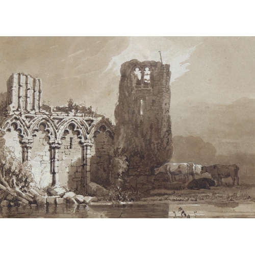 624 - Samuel Prout (1783 - 1852), cattle by church ruins, sepia watercolour, signed with monogram, 19cm x ... 