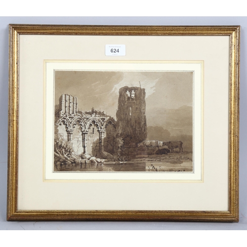 624 - Samuel Prout (1783 - 1852), cattle by church ruins, sepia watercolour, signed with monogram, 19cm x ... 