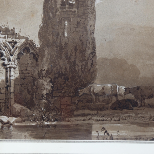 624 - Samuel Prout (1783 - 1852), cattle by church ruins, sepia watercolour, signed with monogram, 19cm x ... 