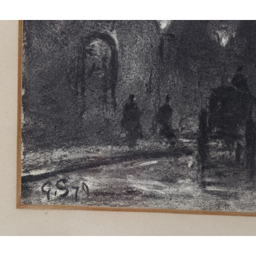 626 - George Sheffield (1839 - 1892), moonlit street scene, charcoal on paper, signed with monogram dated ... 