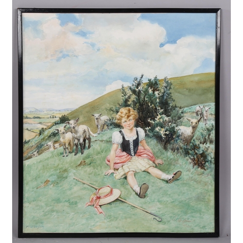 627 - Maud Taylor (exhibited 1904 - 1913), young shepherdess and flock, watercolour, signed, 58cm x 51cm, ... 