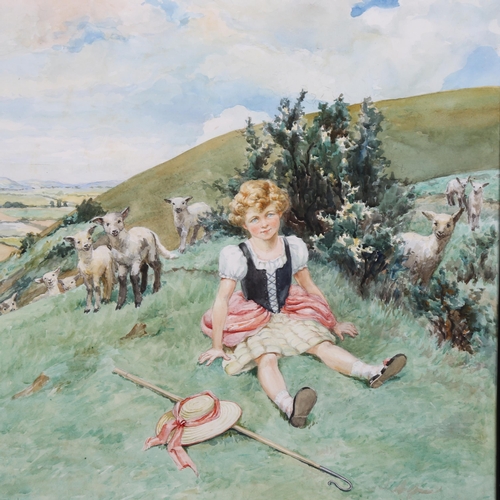 627 - Maud Taylor (exhibited 1904 - 1913), young shepherdess and flock, watercolour, signed, 58cm x 51cm, ... 