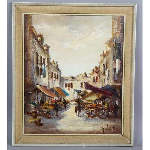 629 - Jorge Aguilar Agon (Spanish, born 1936), street market, oil on canvas, signed, 60cm x 50cm, framed