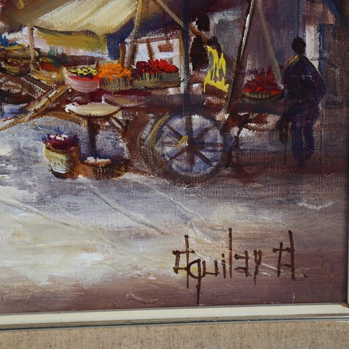 629 - Jorge Aguilar Agon (Spanish, born 1936), street market, oil on canvas, signed, 60cm x 50cm, framed