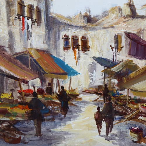 629 - Jorge Aguilar Agon (Spanish, born 1936), street market, oil on canvas, signed, 60cm x 50cm, framed