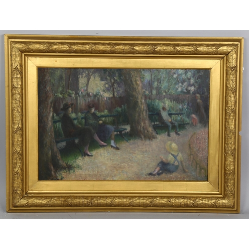 631 - Early 20th century Impressionist School, oil on canvas, figures in a park, unsigned, 40cm x 60cm, fr... 