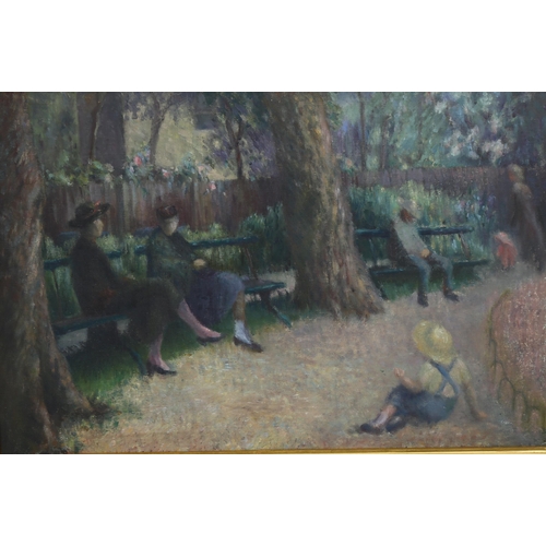 631 - Early 20th century Impressionist School, oil on canvas, figures in a park, unsigned, 40cm x 60cm, fr... 