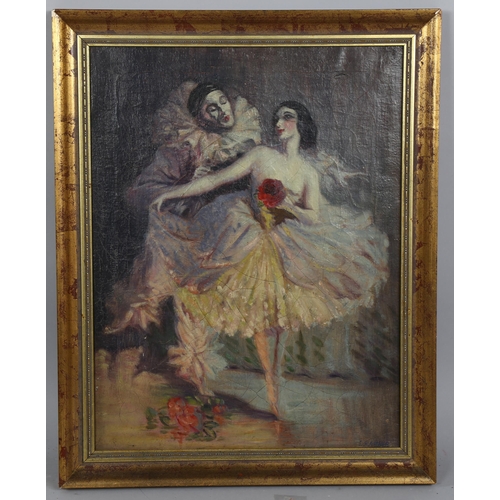 636 - Early 20th century Pierrot ballet scene, oil on canvas, indistinctly signed, dated 1919 on stretcher... 