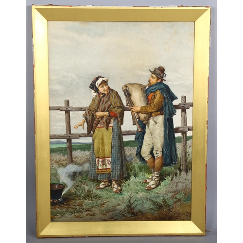 643 - Philippo Indoni, watercolour, Italian travelling musician and woman, signed, 75cm x 53cm, framed