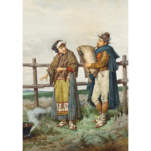 643 - Philippo Indoni, watercolour, Italian travelling musician and woman, signed, 75cm x 53cm, framed