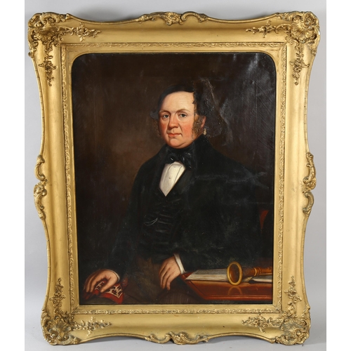 644 - Mid 19th century oil on canvas, portrait of a gentleman at a desk, unsigned, 36