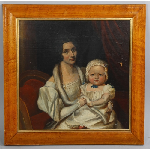 645 - 19th century British School, portrait of woman and child, oil on board, unsigned, 37cm x 37cm, frame... 