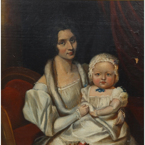 645 - 19th century British School, portrait of woman and child, oil on board, unsigned, 37cm x 37cm, frame... 