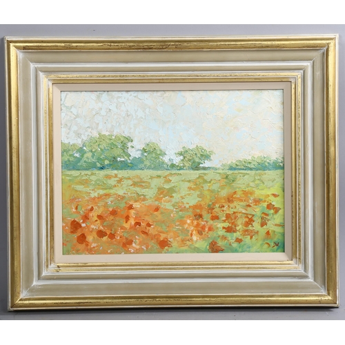 648 - Daniel Wright, poppy meadow, oil on board, signed with monogram, 30cm x 40cm, framed