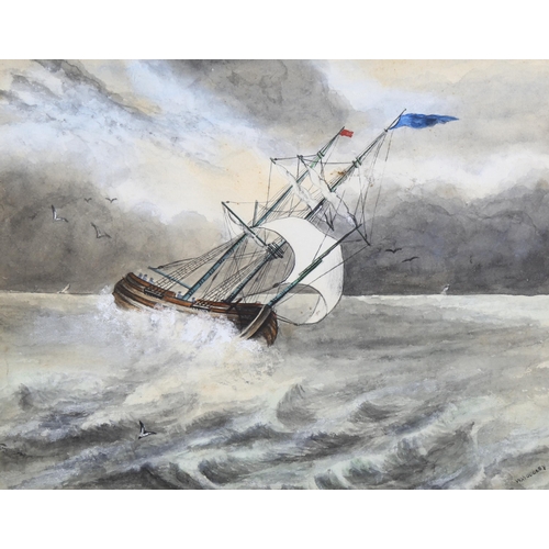 650 - W Woodley, ship on rough seas, watercolour, signed, 18cm x 21cm, framed