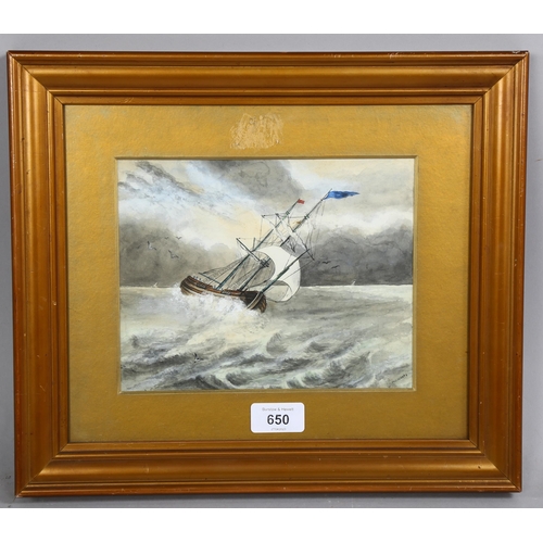 650 - W Woodley, ship on rough seas, watercolour, signed, 18cm x 21cm, framed