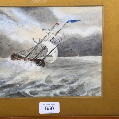 650 - W Woodley, ship on rough seas, watercolour, signed, 18cm x 21cm, framed