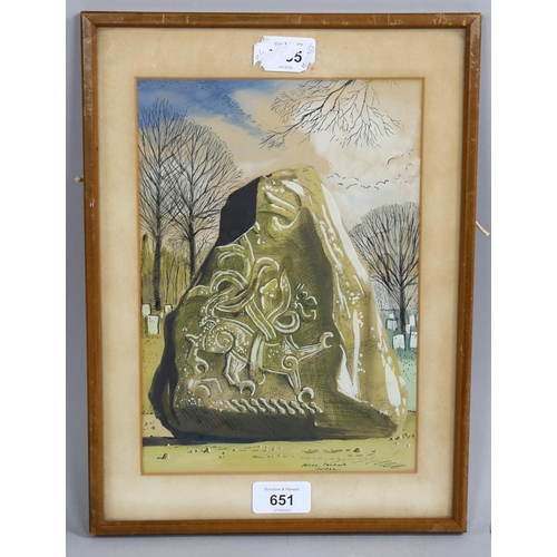 651 - Mid-20th century watercolour, Celtic dragon rock, signed Selling Forbes, Denmark, 26cm x 18cm, frame... 