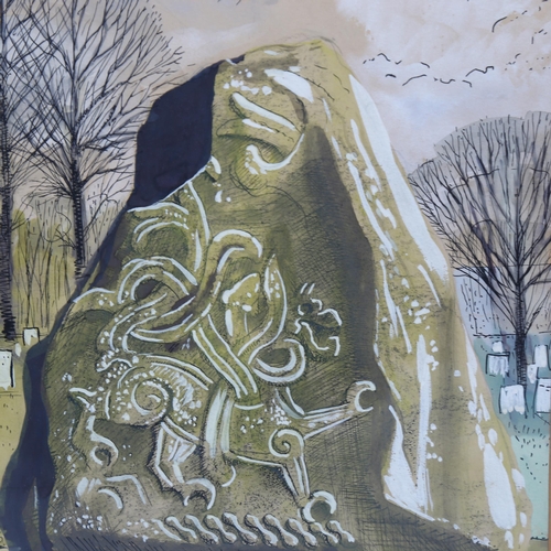 651 - Mid-20th century watercolour, Celtic dragon rock, signed Selling Forbes, Denmark, 26cm x 18cm, frame... 