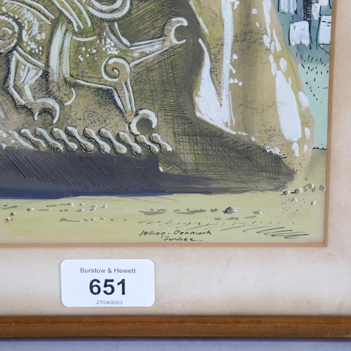 651 - Mid-20th century watercolour, Celtic dragon rock, signed Selling Forbes, Denmark, 26cm x 18cm, frame... 