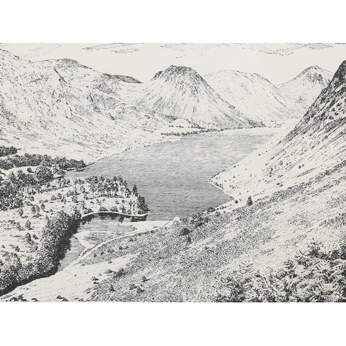 653 - Alfred Wainwright, Wastwater (Lake District), print, signed in ink, image 15cm x 20cm, framed