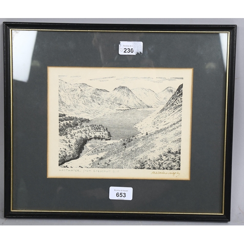 653 - Alfred Wainwright, Wastwater (Lake District), print, signed in ink, image 15cm x 20cm, framed