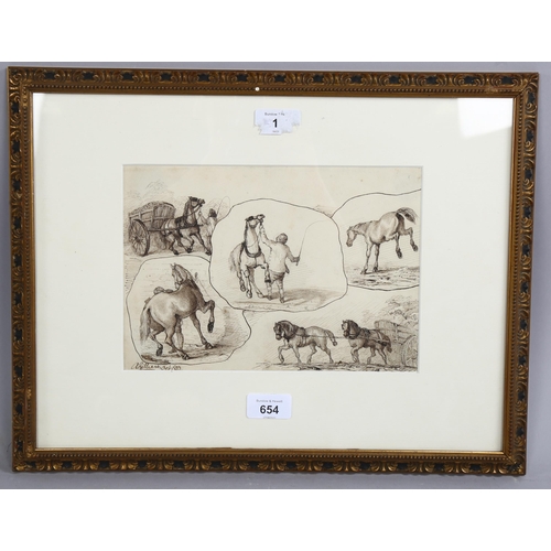 654 - Achille Gilbert, pen and ink horse studies, signed and dated 1857, 7