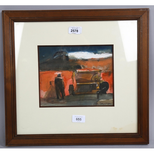 655 - Ian Lawson (born 1931), abstract farm study, watercolour, signed, 18cm x 22cm, framed