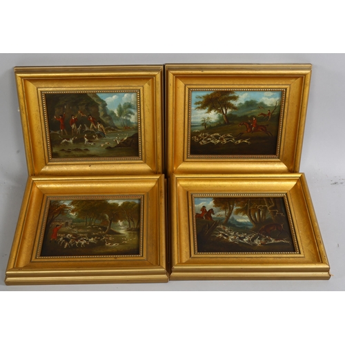 658 - Attributed to John Nost Sartorius, 4 otter, stag and fox hunting scenes, oils on copper, unsigned, 1... 