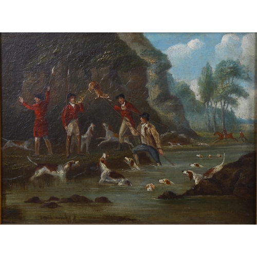 658 - Attributed to John Nost Sartorius, 4 otter, stag and fox hunting scenes, oils on copper, unsigned, 1... 